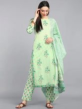Women Green Floral Printed Regular Pure Cotton Kurta With Salwar Dupatta Set